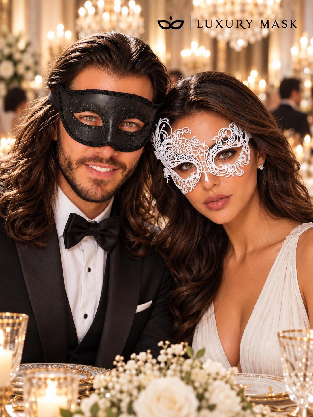 White Swan Lace Masquerade Mask for Women with Black Glitter Venetian Mask for Men | Elegant Couples Mask Set - product image 5