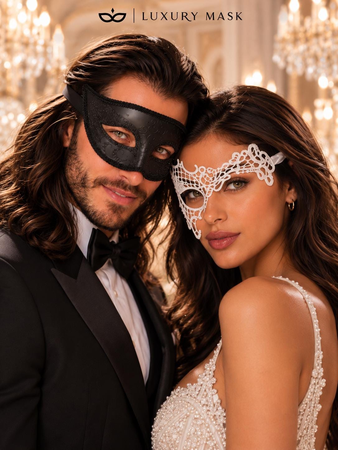 White Phantom Lace Mask for Women & Black Glitter Venetian Mask for Men | Black White Masquerade Couple Set - product image 2