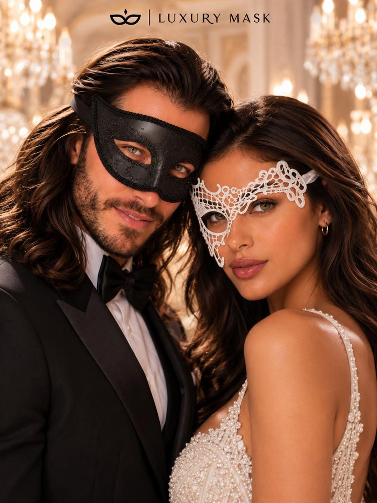 White Phantom Lace Mask for Women & Black Glitter Venetian Mask for Men | Black White Masquerade Couple Set - product image 2