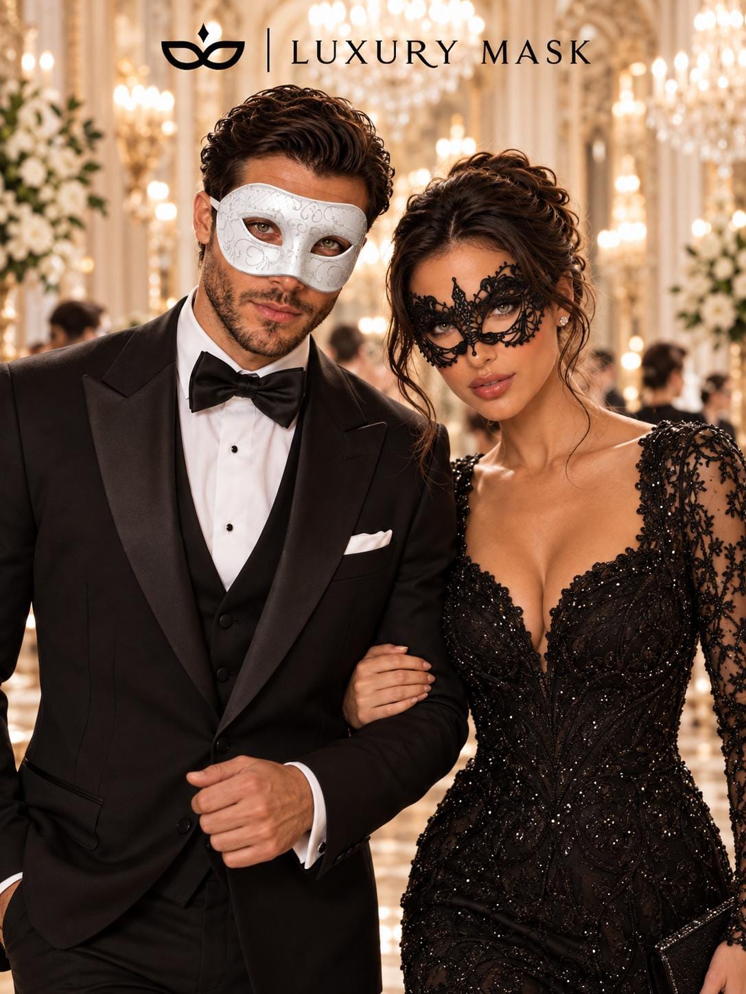 White Glitter Venetian Mask for Men with Black Lace Mask for Women | Black White Couples Masquerade Set - product image 3