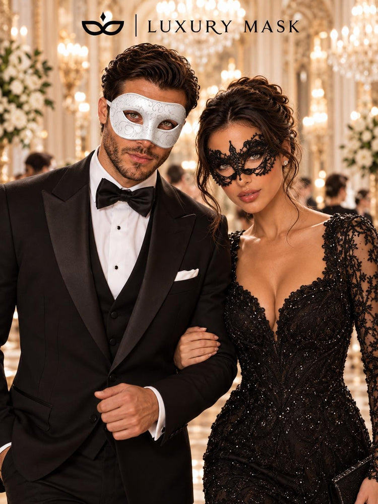 White Glitter Venetian Mask for Men with Black Lace Mask for Women | Black White Couples Masquerade Set - product image 3