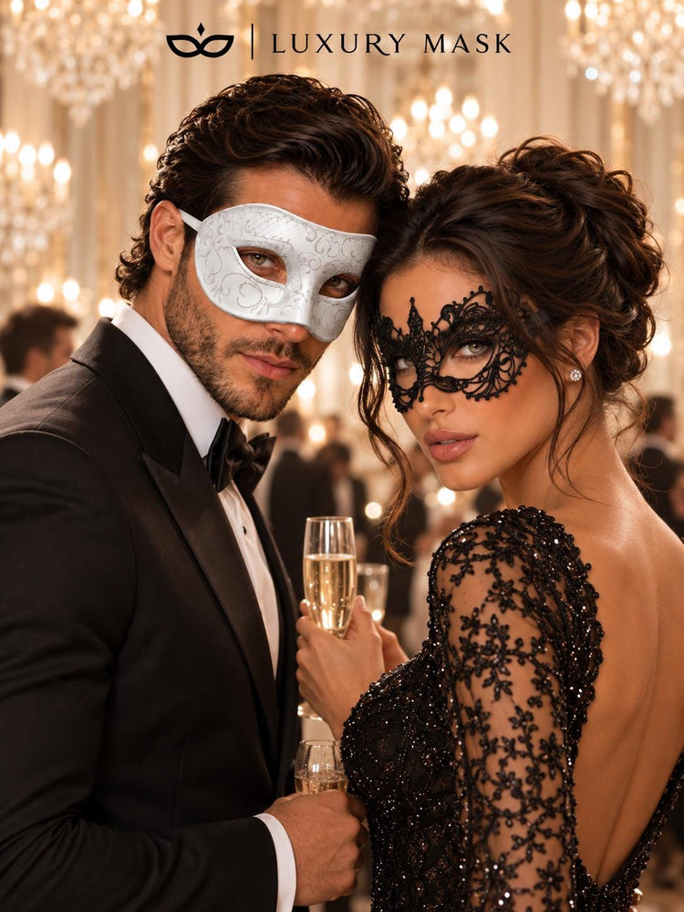White Glitter Venetian Mask for Men with Black Lace Mask for Women | Black White Couples Masquerade Set - product image 5