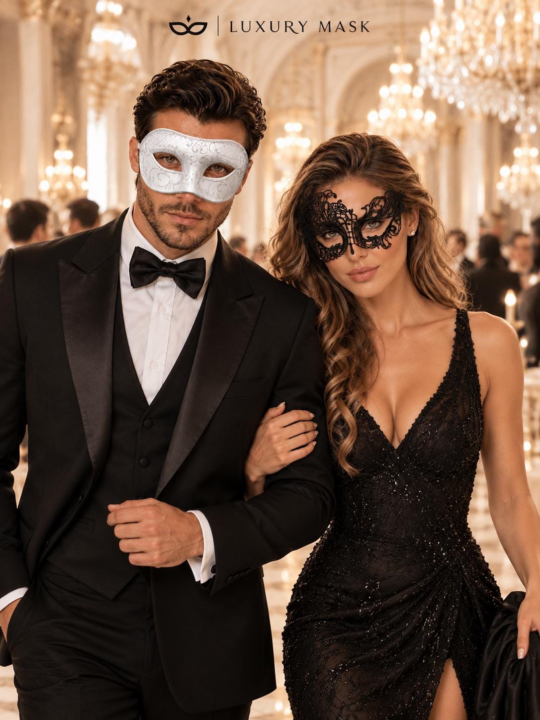 White Glitter Venetian Mask for Men & Black Swan Lace Mask for Women | Elegant Masquerade Masks for Couples - product image 3
