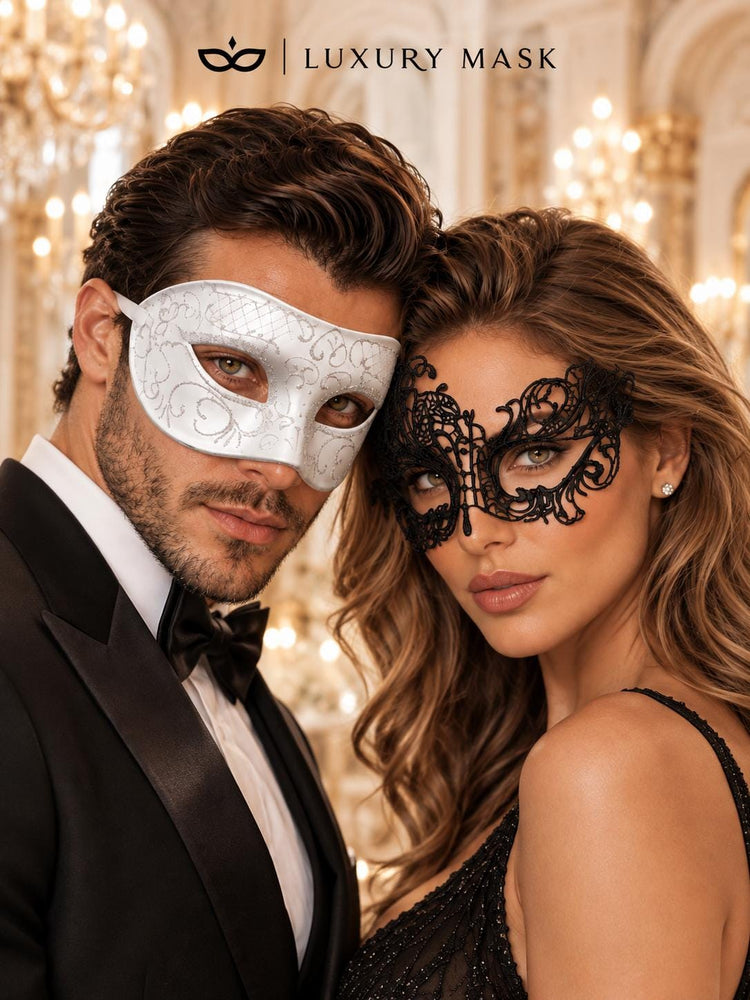 White Glitter Venetian Mask for Men & Black Swan Lace Mask for Women | Elegant Masquerade Masks for Couples - product image 2