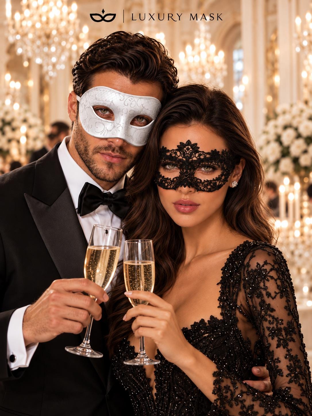 Black Flower Lace Mask for Women with White Glitter Venetian Mask for Men | Black White Masquerade Couple Set - product image 3