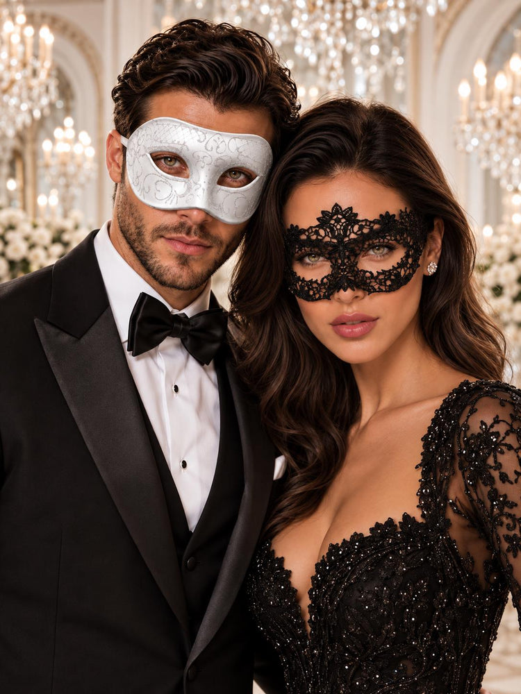 Black Flower Lace Mask for Women with White Glitter Venetian Mask for Men | Black White Masquerade Couple Set - product image 1