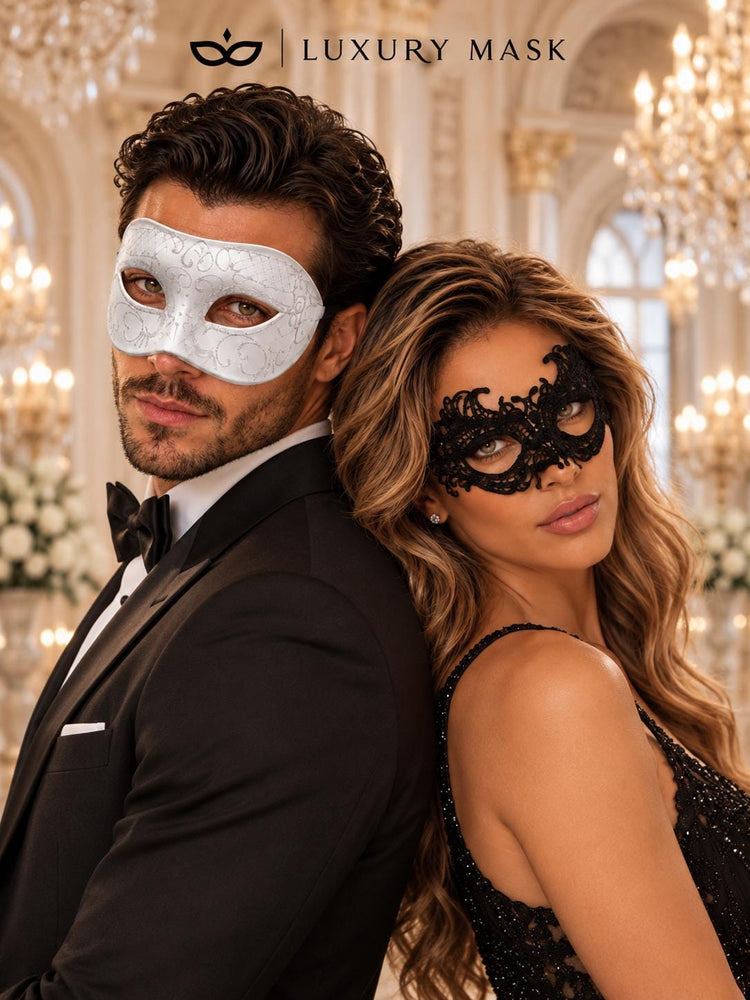 Black Lace & White Glitter Masquerade Masks for Couples | Women’s Lace Eye Mask with Men’s Venetian Mask - product image 4