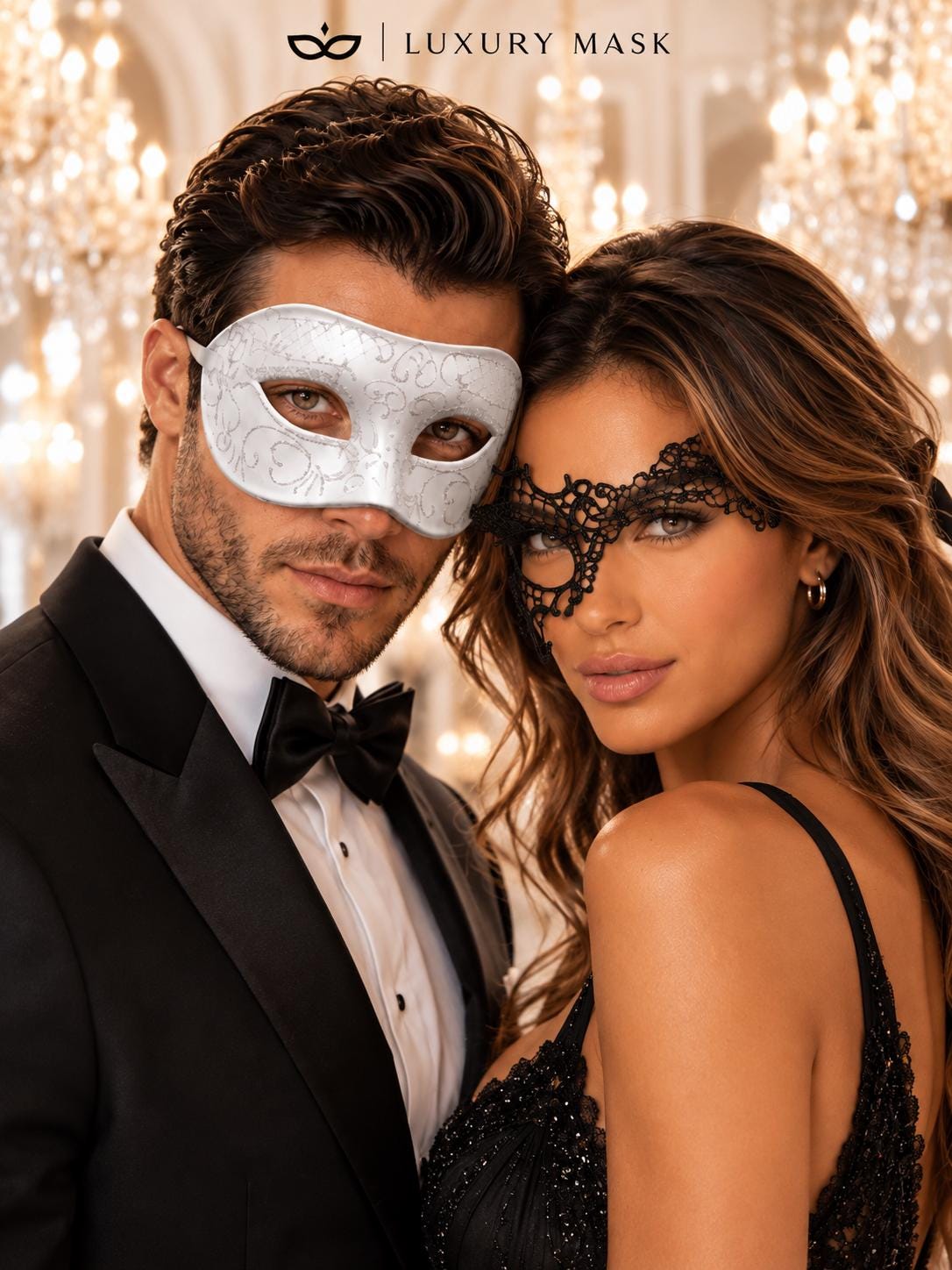 White Glitter Venetian Mask for Men & Black Phantom Lace Mask for Women | Dramatic Black White Masquerade Set - product image 2