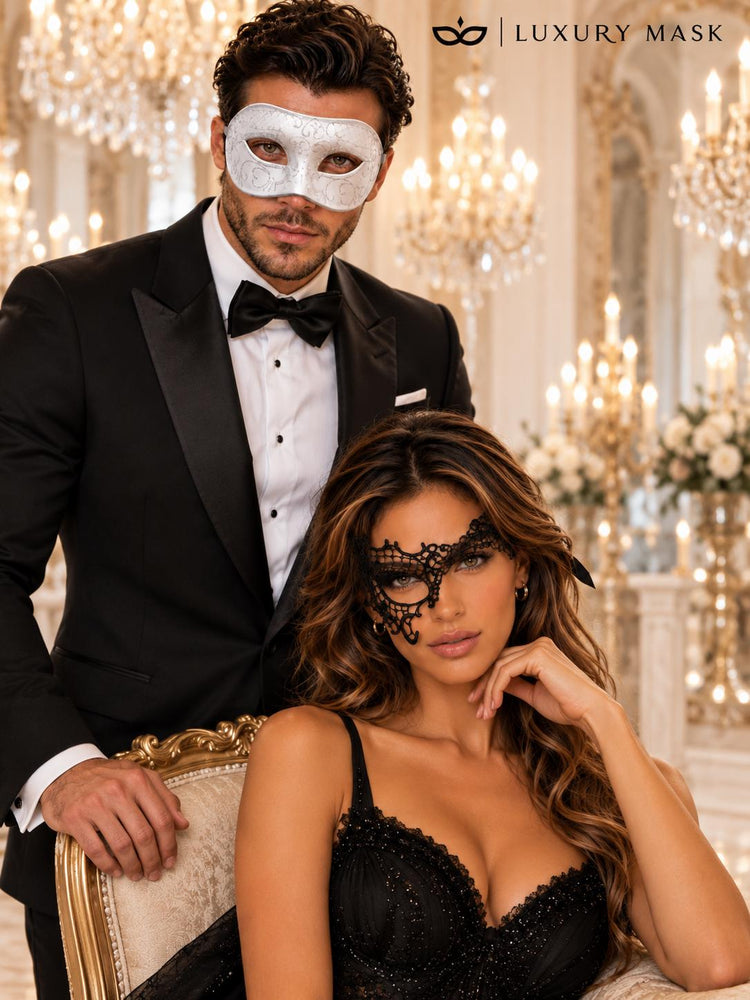 White Glitter Venetian Mask for Men & Black Phantom Lace Mask for Women | Dramatic Black White Masquerade Set - product image 5