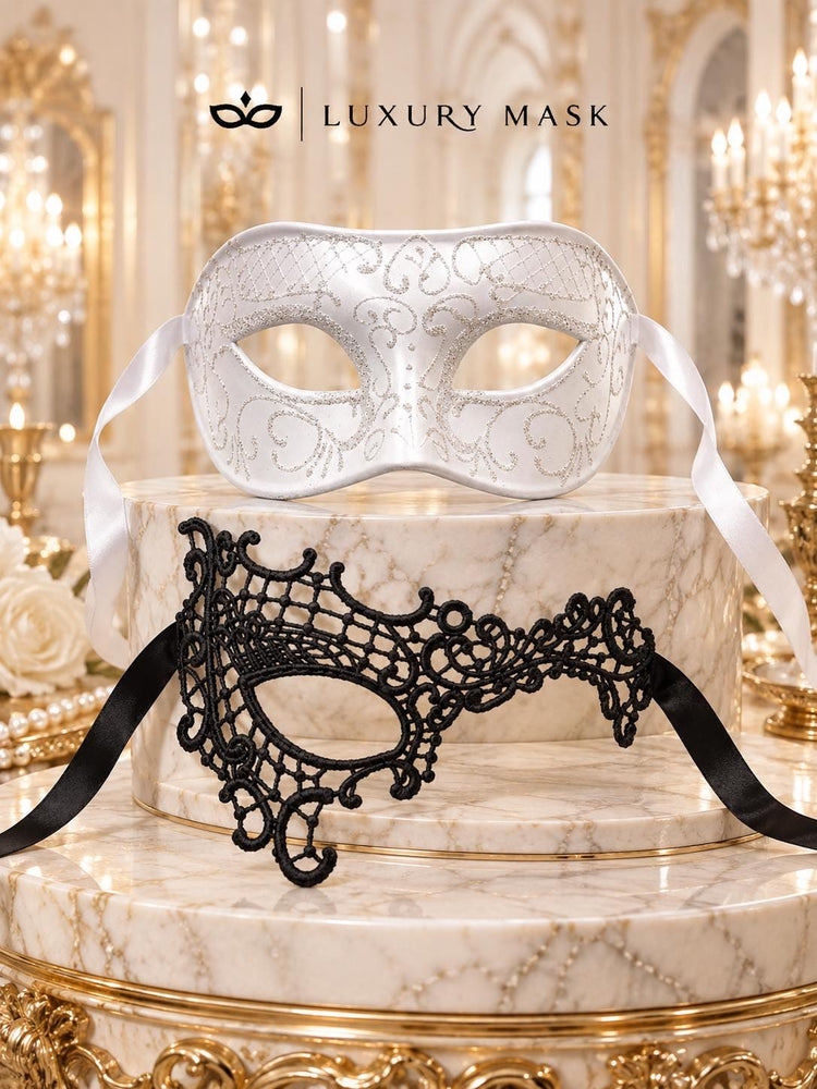 White Glitter Venetian Mask for Men & Black Phantom Lace Mask for Women | Dramatic Black White Masquerade Set - product image 6