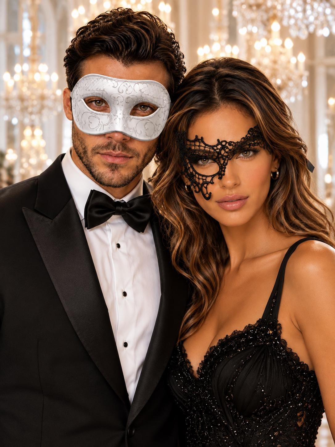 White Glitter Venetian Mask for Men & Black Phantom Lace Mask for Women | Dramatic Black White Masquerade Set - product image 1