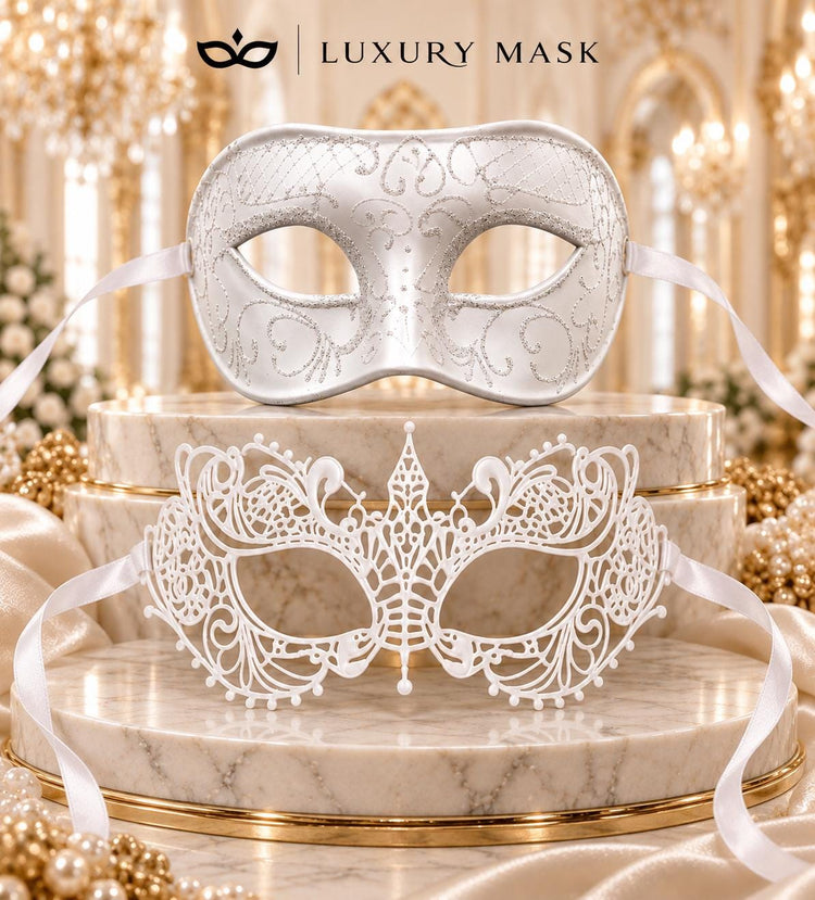 White Glitter Venetian Masks for Couples | Men’s Classic Masquerade Mask with Women’s White Lace Eye Mask - product image 6