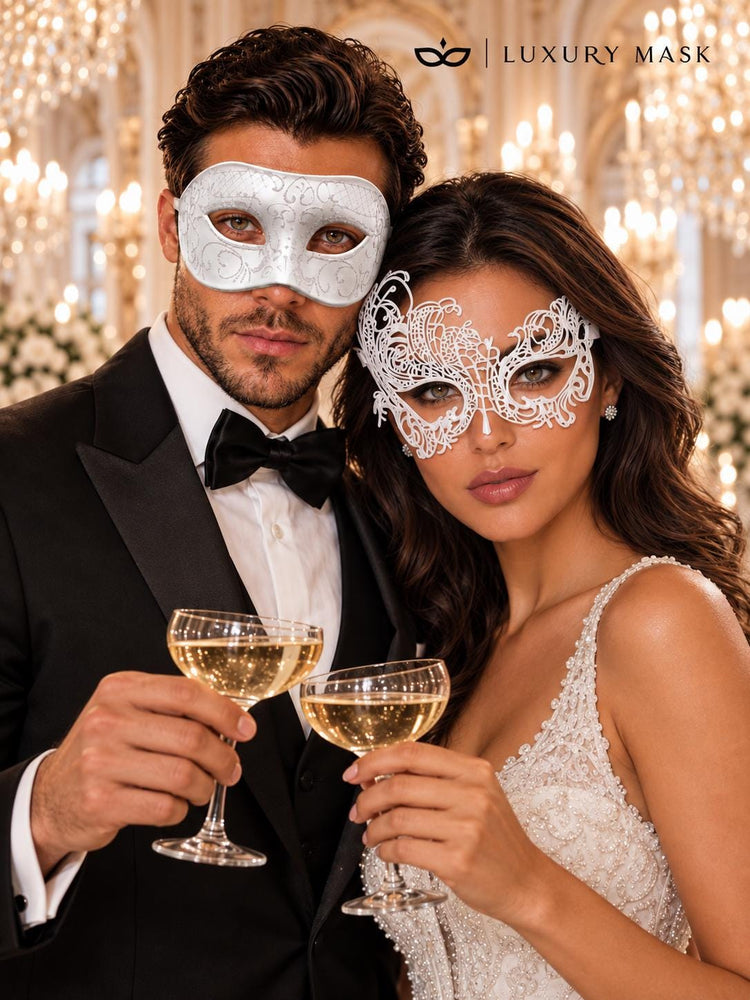 White Swan Lace Mask for Women with White Glitter Venetian Mask for Men | All White Masquerade Couple Masks - product image 4