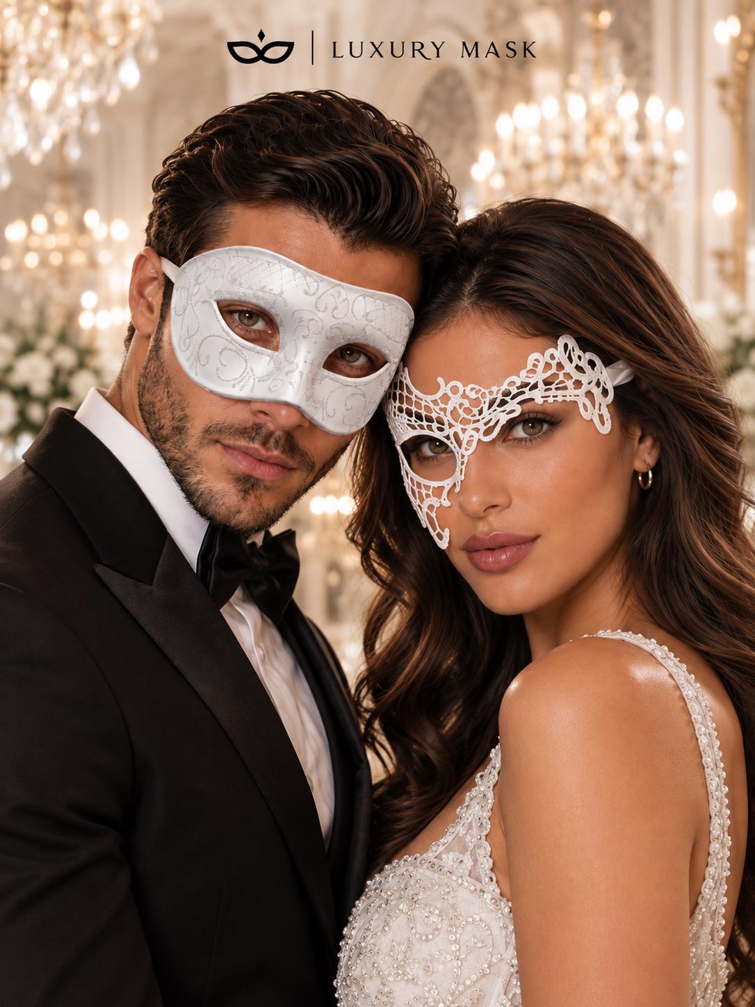White Phantom Lace Mask for Women & White Glitter Venetian Mask for Men | Elegant All White Masquerade Set - product image 3