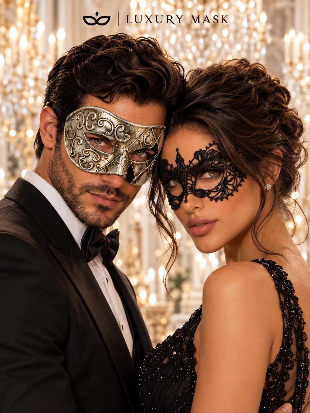 Silver & Black Antique Venetian Mask for Men with Black Lace Mask for Women | Vintage Masquerade Couple Set - product image 2