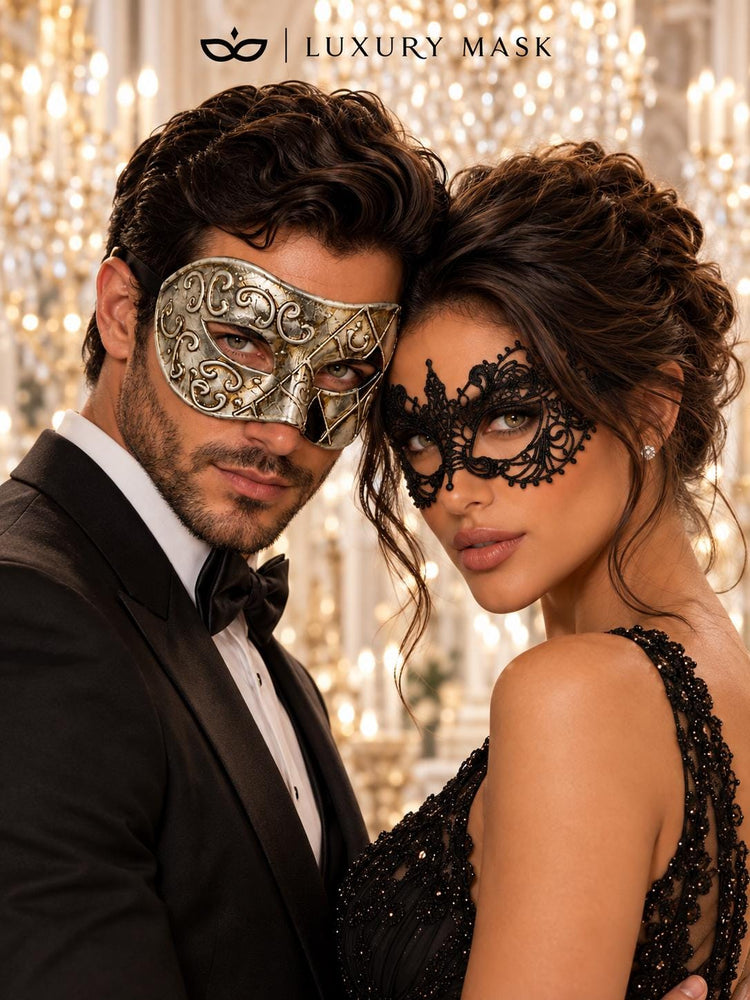 Silver & Black Antique Venetian Mask for Men with Black Lace Mask for Women | Vintage Masquerade Couple Set - product image 2