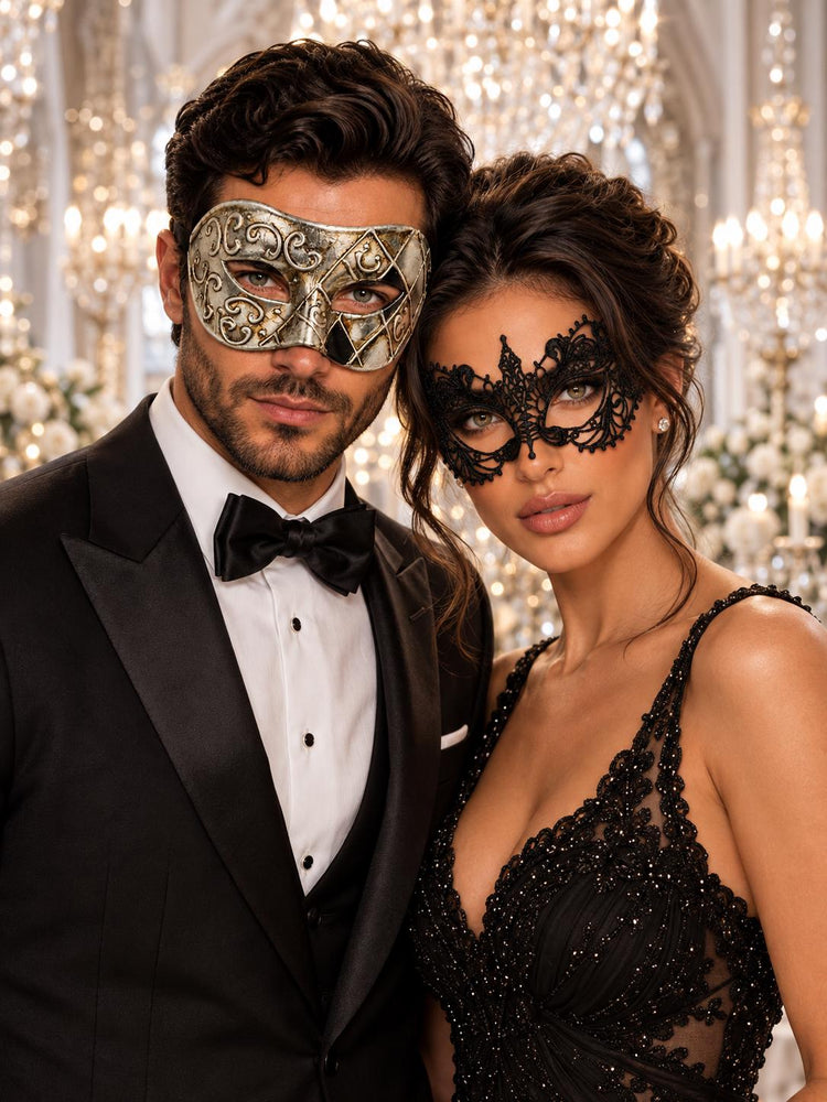 Silver & Black Antique Venetian Mask for Men with Black Lace Mask for Women | Vintage Masquerade Couple Set - product image 1