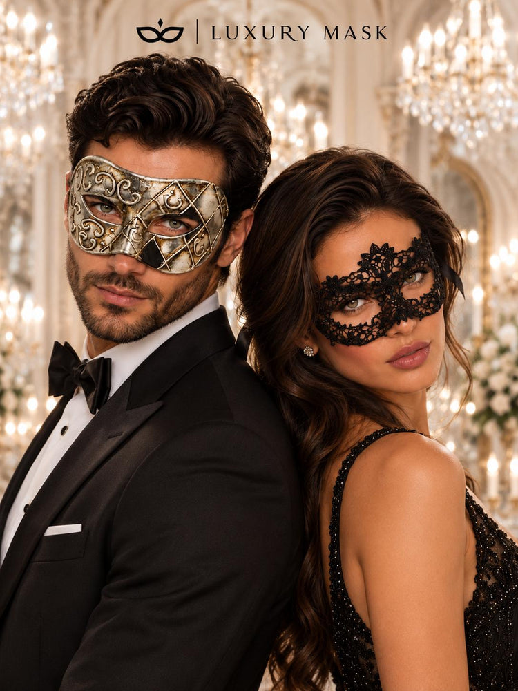 Black Flower Lace Mask for Women with Silver & Black Antique Venetian Mask for Men | Vintage Masquerade Couple Set - product image 4