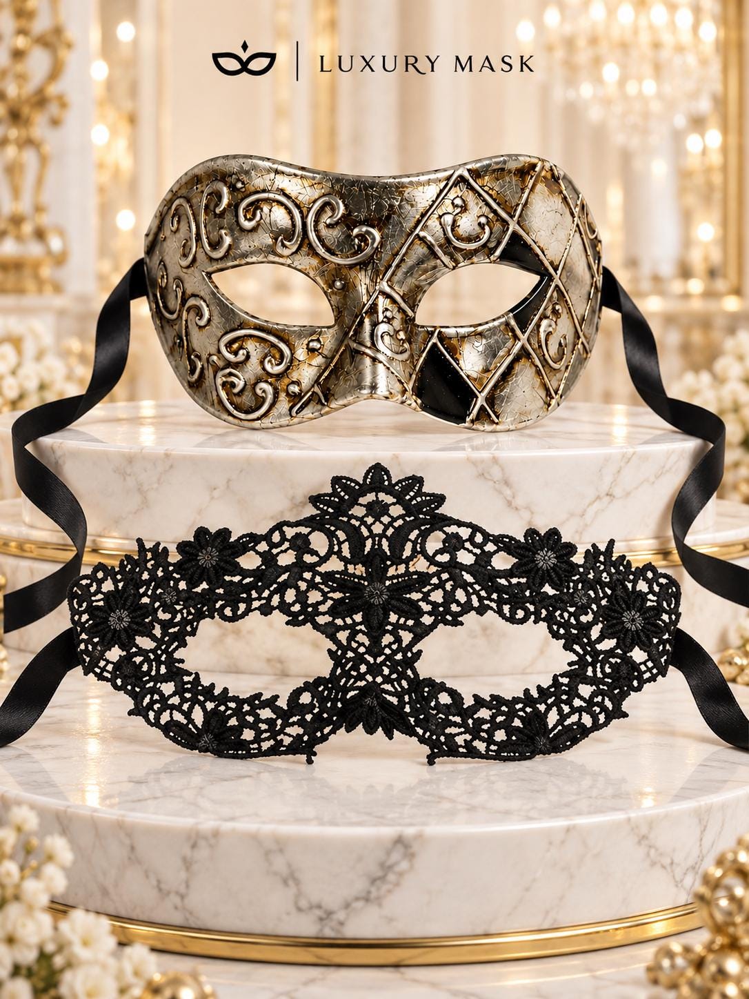 Black Flower Lace Mask for Women with Silver & Black Antique Venetian Mask for Men | Vintage Masquerade Couple Set - product image 6