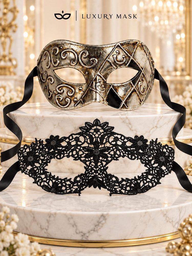 Black Flower Lace Mask for Women with Silver & Black Antique Venetian Mask for Men | Vintage Masquerade Couple Set - product image 6