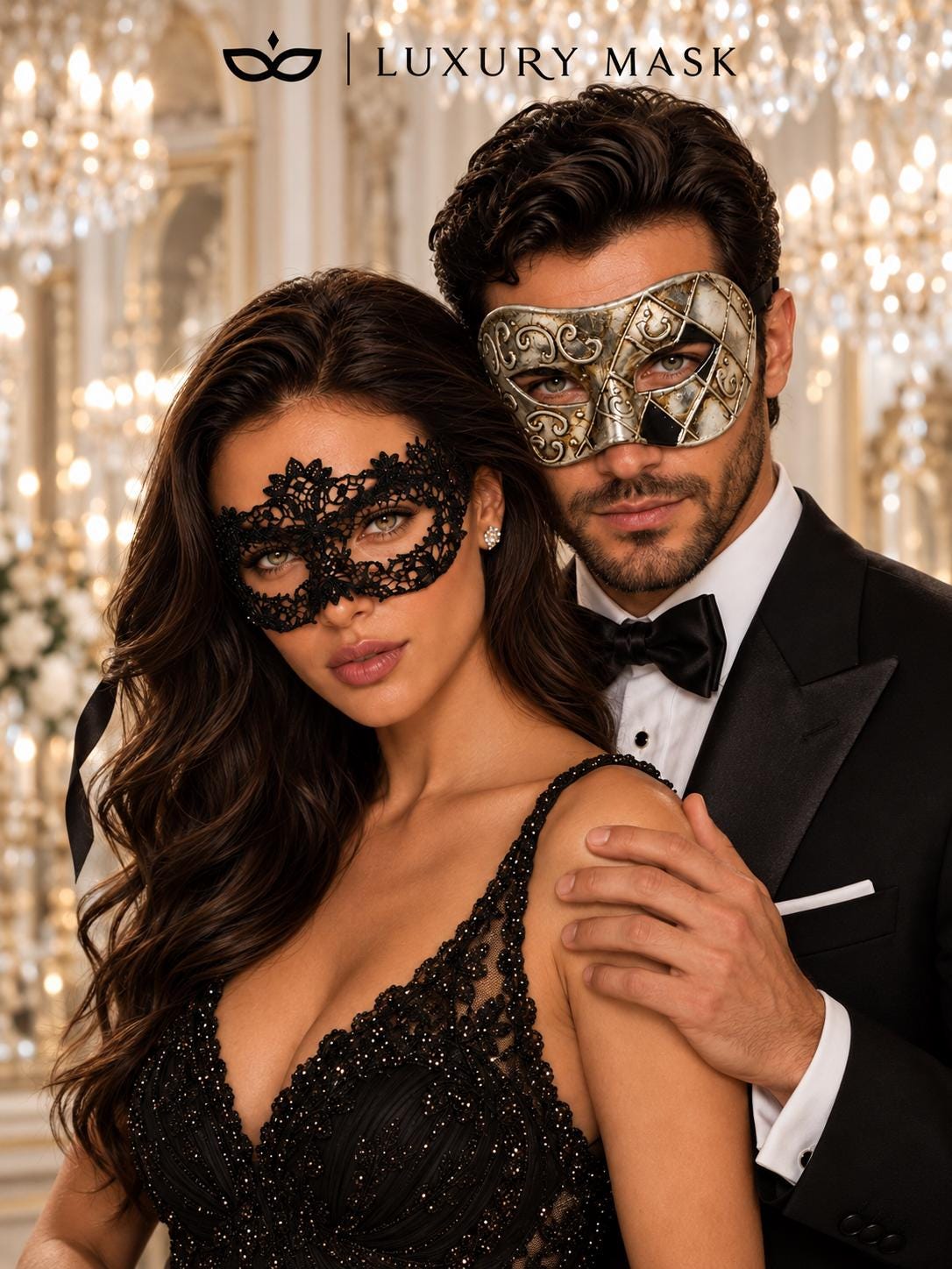 Black Flower Lace Mask for Women with Silver & Black Antique Venetian Mask for Men | Vintage Masquerade Couple Set - product image 3