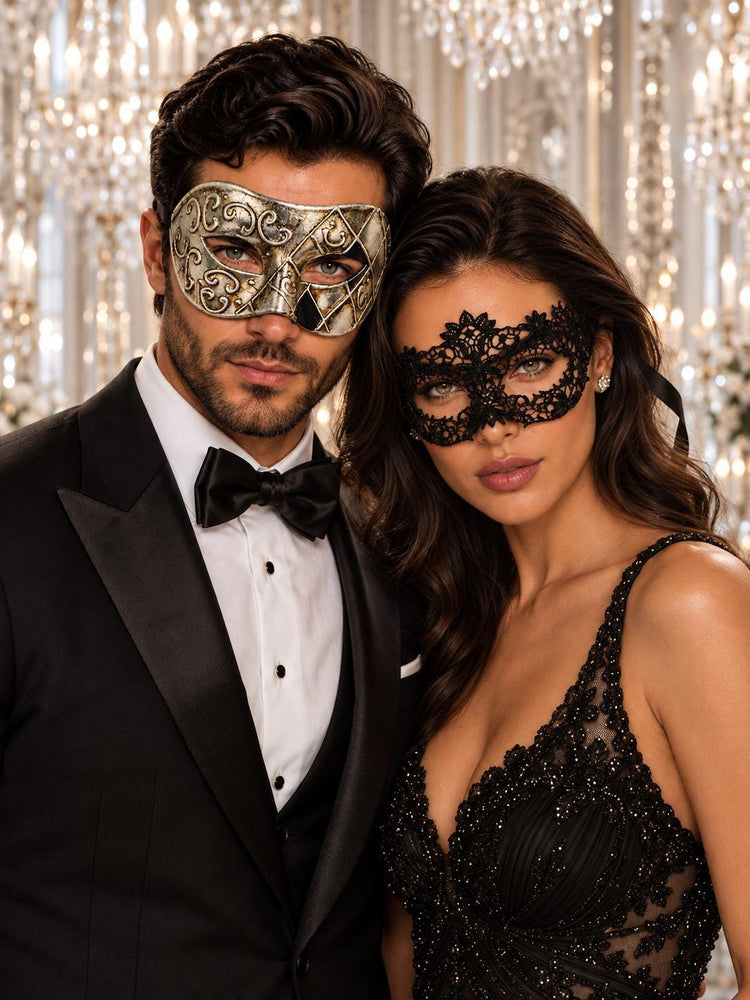 Black Flower Lace Mask for Women with Silver & Black Antique Venetian Mask for Men | Vintage Masquerade Couple Set - product image 1