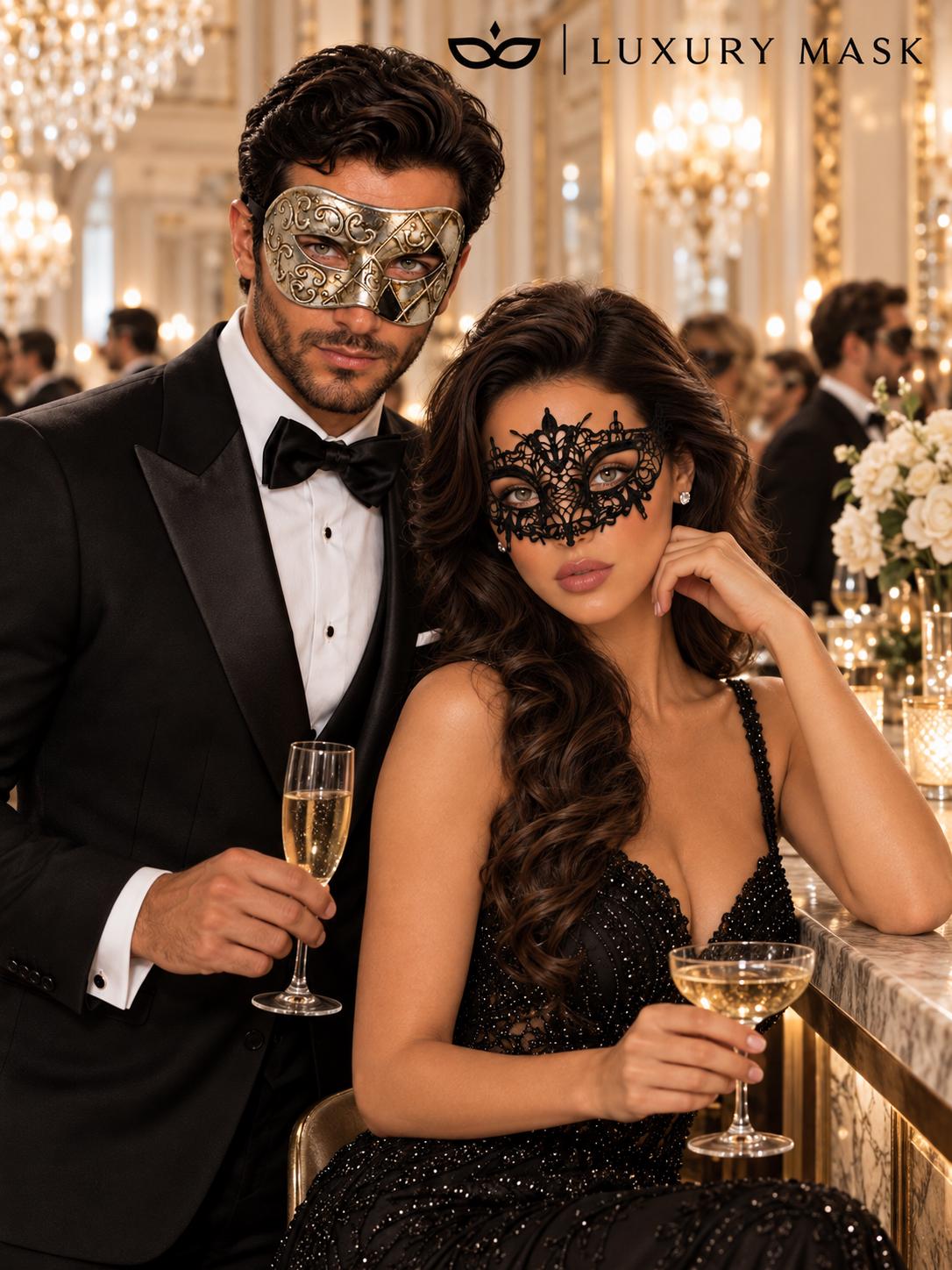 Antique Silver Black Venetian Mask for Men & Black Lace Mask for Women | Elegant His and Hers Masquerade Set - product image 3