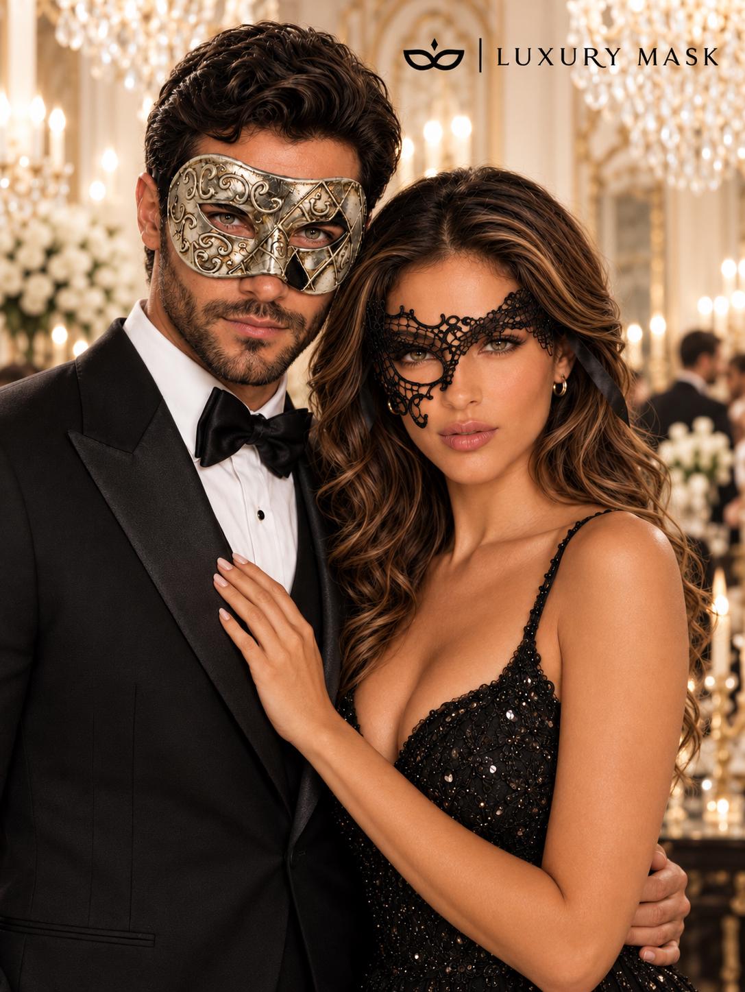 Black Phantom Lace Mask for Women with Silver & Black Antique Venetian Mask for Men | Couples Masquerade Set - product image 3