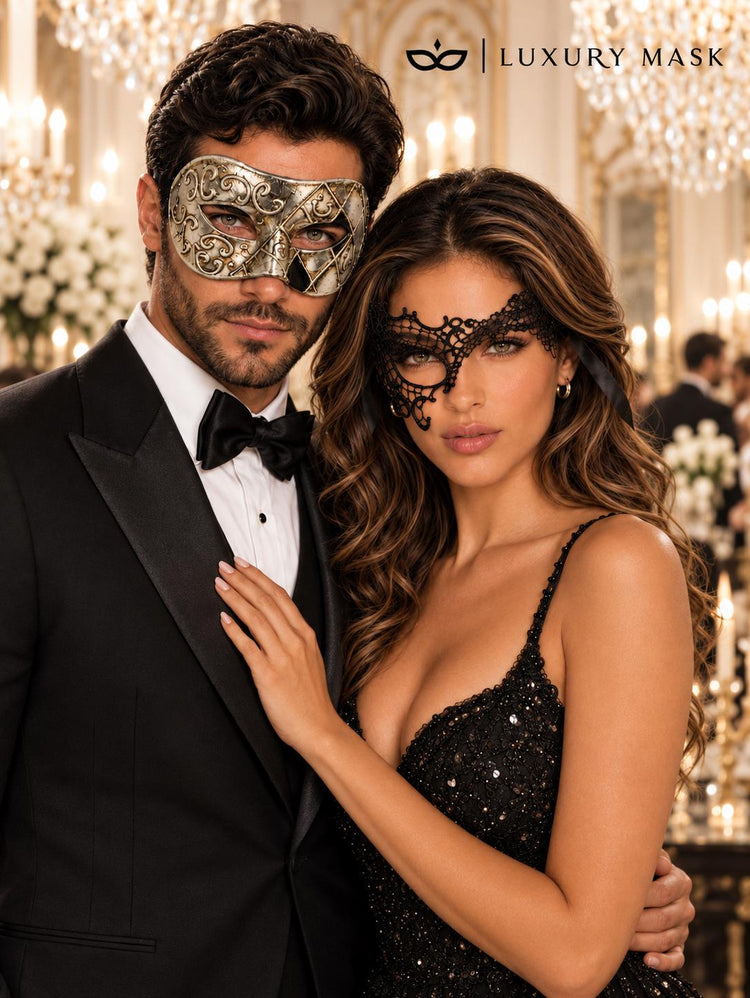 Black Phantom Lace Mask for Women with Silver & Black Antique Venetian Mask for Men | Couples Masquerade Set - product image 3