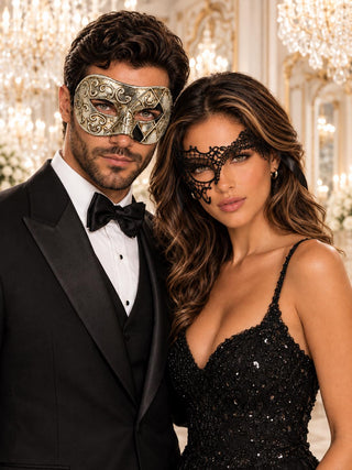 Black Phantom Lace Mask for Women with Silver & Black Antique Venetian Mask for Men | Couples Masquerade Set - product image 1
