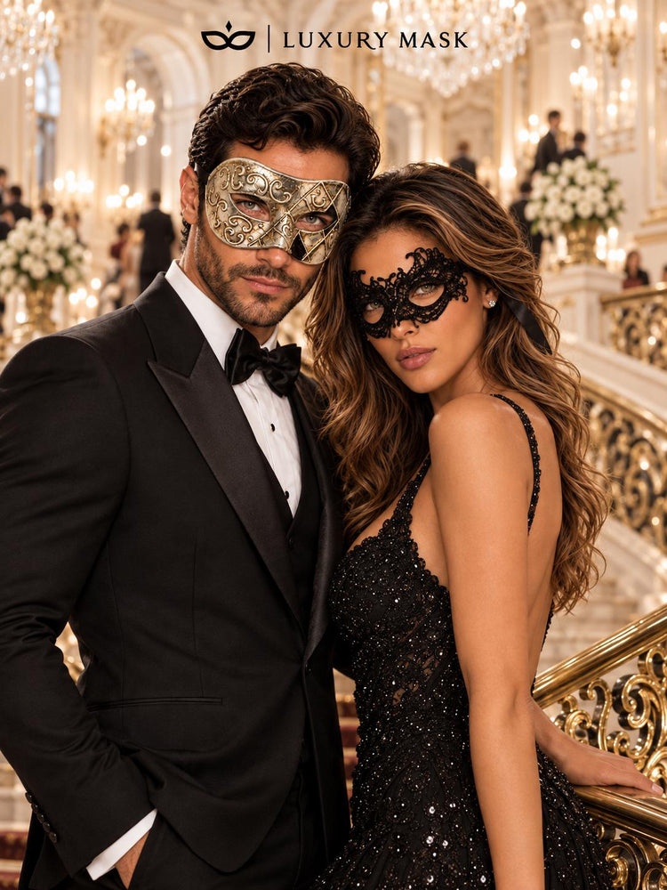 Silver Black Antique Venetian Mask & Black Lace Mask | His and Hers Masquerade Masks for Couples - product image 2