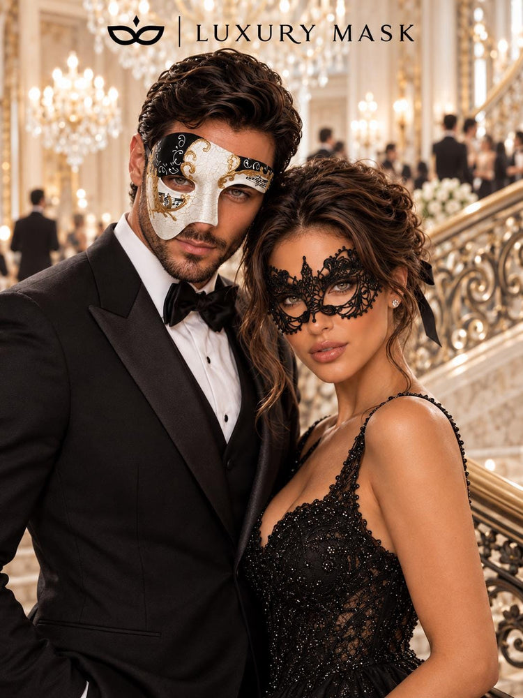 Black Gold Phantom of the Opera Mask for Men with Black Lace Mask for Women | Antique Style Couples Masquerade Set - product image 2