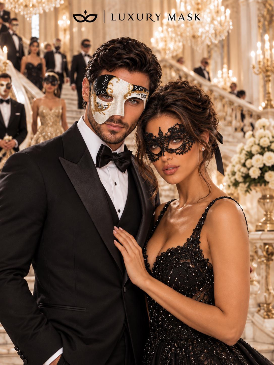 Black Gold Phantom of the Opera Mask for Men with Black Lace Mask for Women | Antique Style Couples Masquerade Set - product image 4