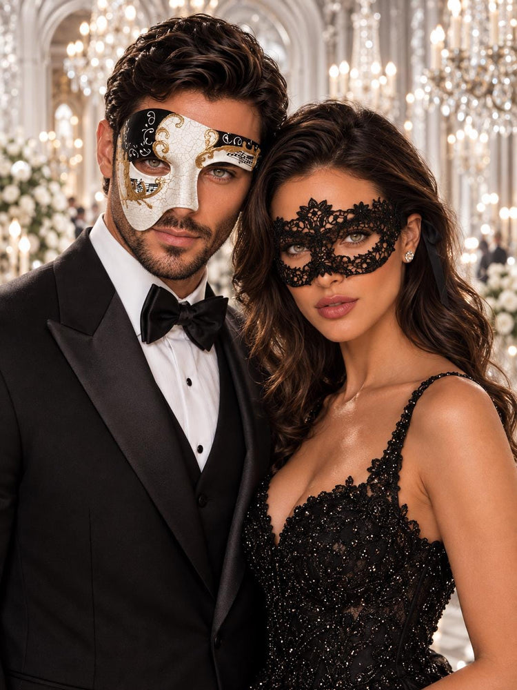 Black Gold Phantom Men’s Mask & Black Lace Women’s Mask | Antique Venetian Masquerade Masks for Couples - product image 1
