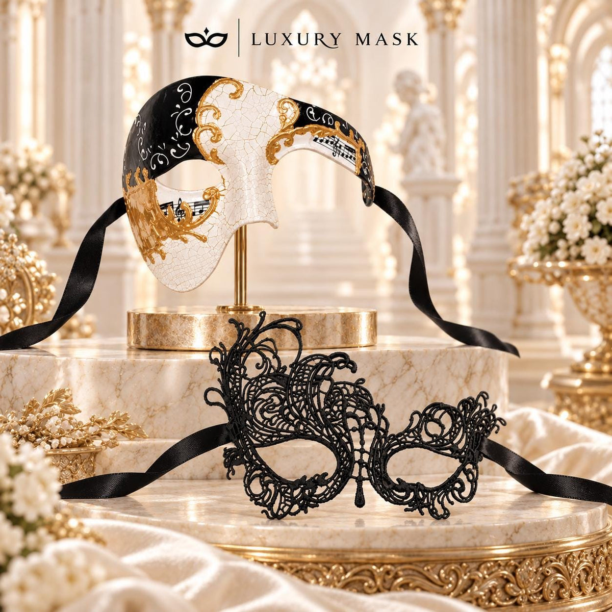 Black Swan Lace Mask for Women with Black Gold Phantom Mask for Men | Antique Style Couples Masquerade Set - product image 6