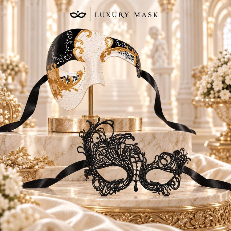 Black Swan Lace Mask for Women with Black Gold Phantom Mask for Men | Antique Style Couples Masquerade Set - product image 6