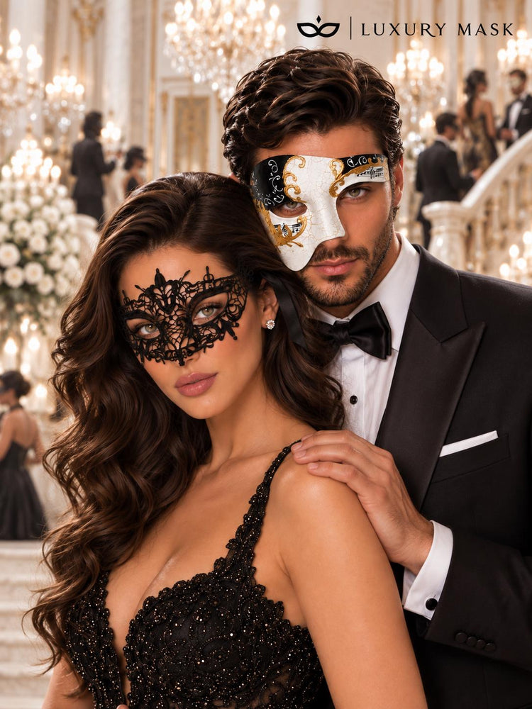 Black Gold Antique Phantom Mask for Men with Black Lace Mask for Women | Venetian Masquerade Couple Masks - product image 3