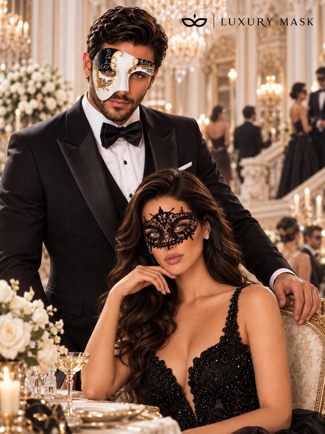 Black Gold Antique Phantom Mask for Men with Black Lace Mask for Women | Venetian Masquerade Couple Masks - product image 4