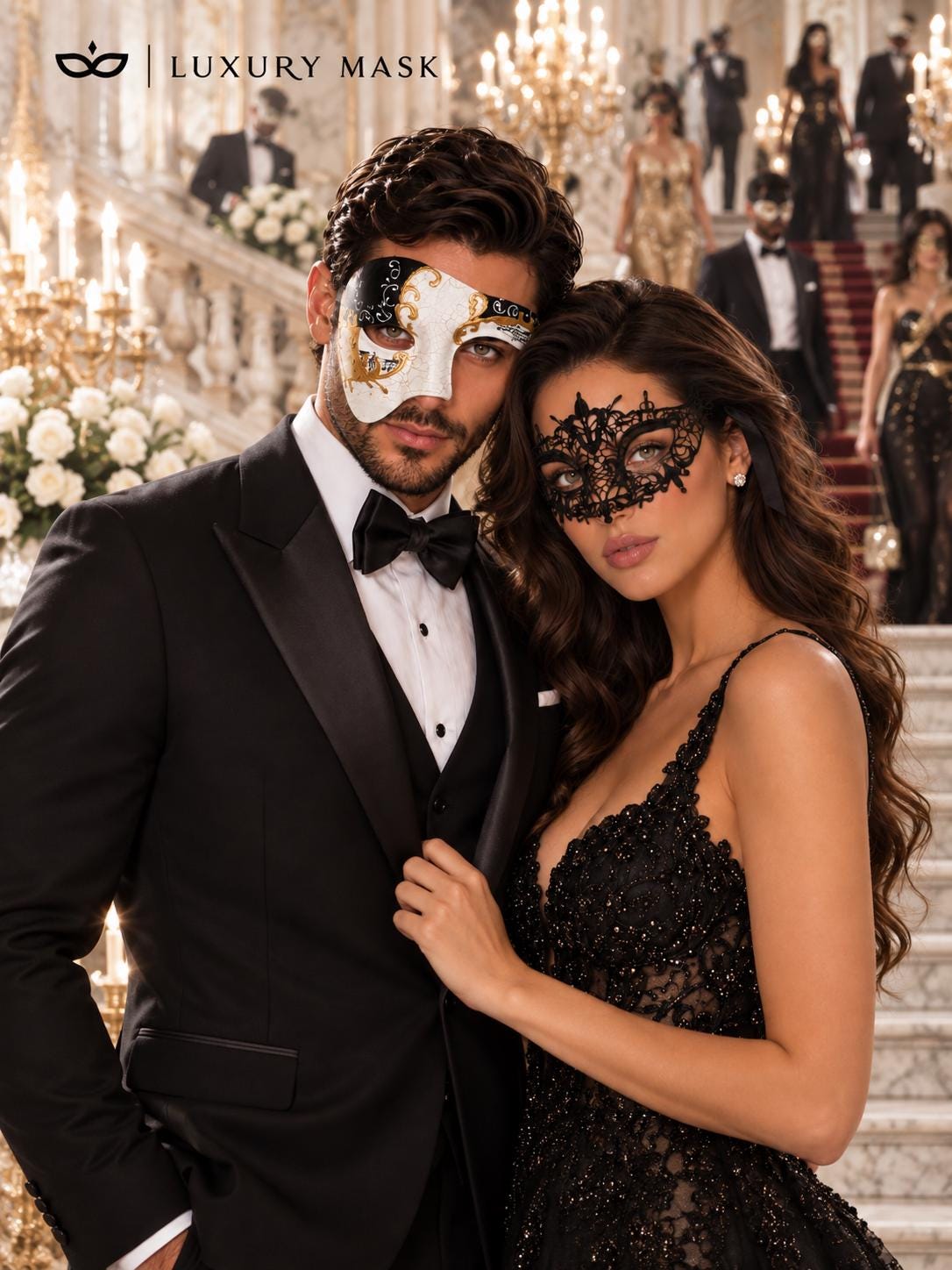 Black Gold Antique Phantom Mask for Men with Black Lace Mask for Women | Venetian Masquerade Couple Masks - product image 2