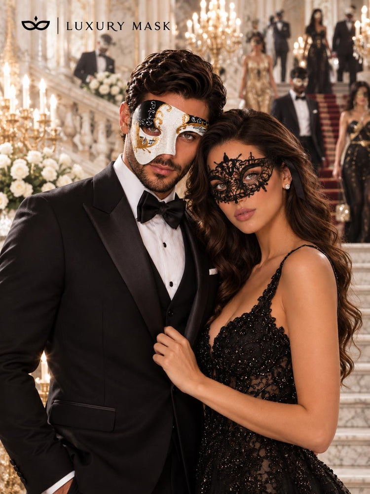 Black Gold Antique Phantom Mask for Men with Black Lace Mask for Women | Venetian Masquerade Couple Masks - product image 2