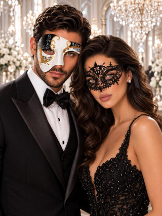 Black Gold Antique Phantom Mask for Men with Black Lace Mask for Women | Venetian Masquerade Couple Masks - product image 1