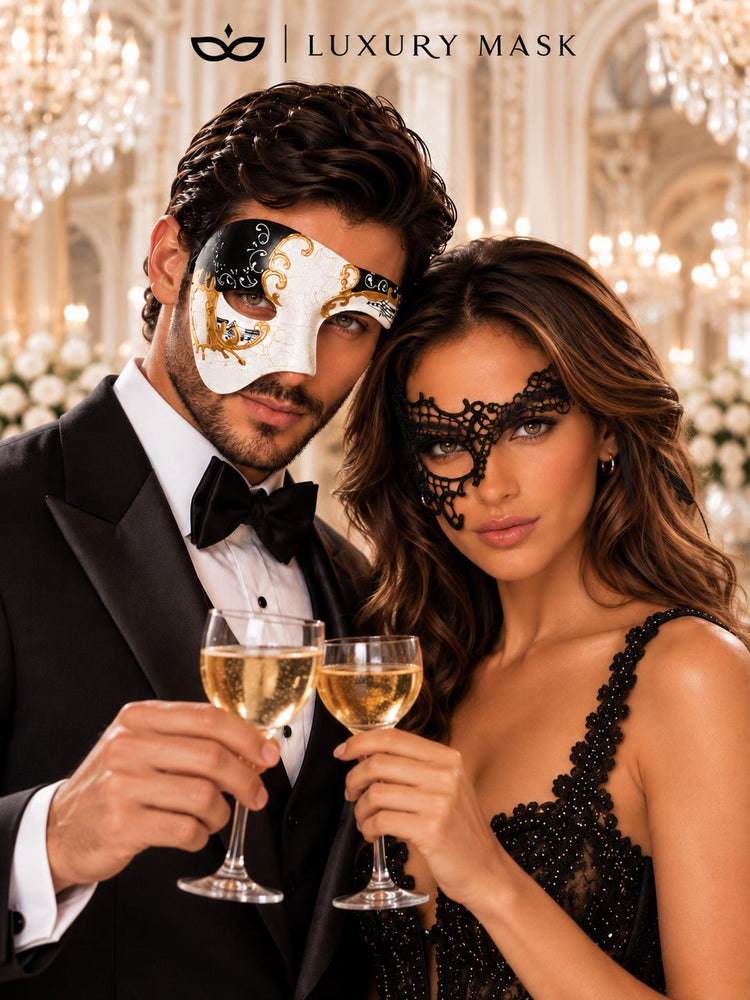 Black Phantom Lace Mask for Women & Black Gold Phantom Mask for Men | Antique Style Masquerade Couple Set - product image 2