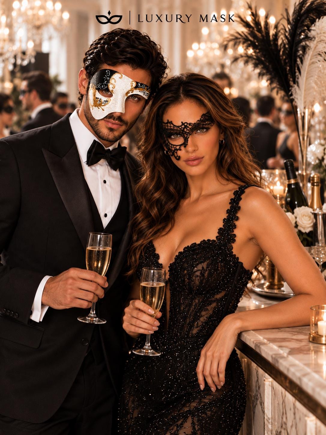 Black Phantom Lace Mask for Women & Black Gold Phantom Mask for Men | Antique Style Masquerade Couple Set - product image 5