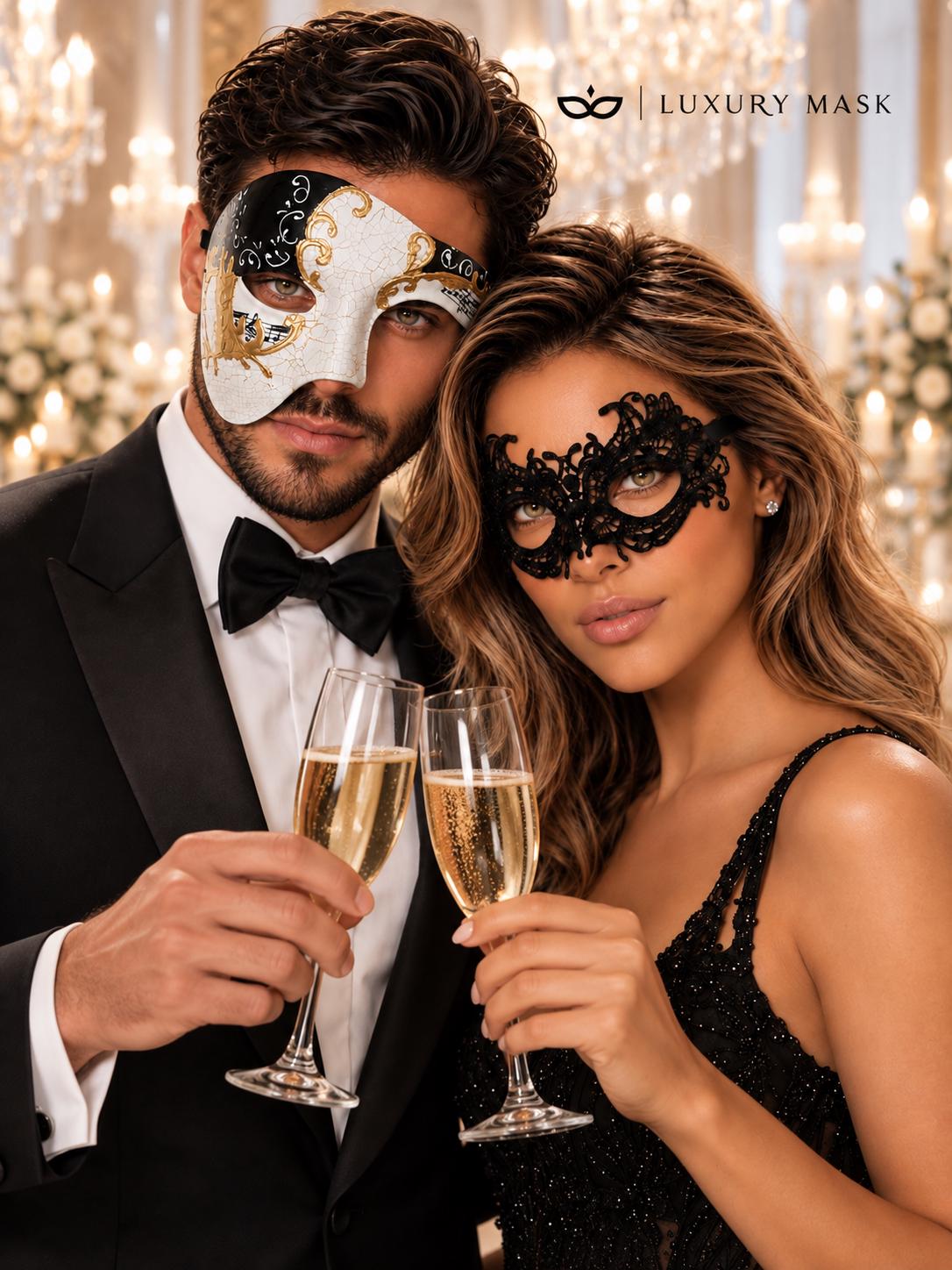 Black Gold Phantom of the Opera Men’s Mask with Black Lace Women’s Mask | Venetian Masquerade Couple Set - product image 3
