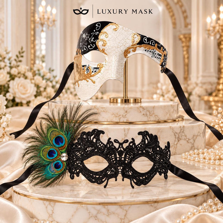 Black Gold Phantom Mask for Men with Black Peacock Feather Lace Mask for Women | Venetian Masquerade Couple Set - product image 6