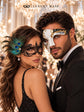 Black Peacock Feather Lace Mask & Black Gold Phantom Men’s Mask | Dramatic Venetian Masquerade Masks for Couples - product image 2