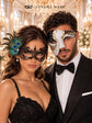 Black Peacock Feather Lace Mask & Black Gold Phantom Men’s Mask | Dramatic Venetian Masquerade Masks for Couples - product image 3
