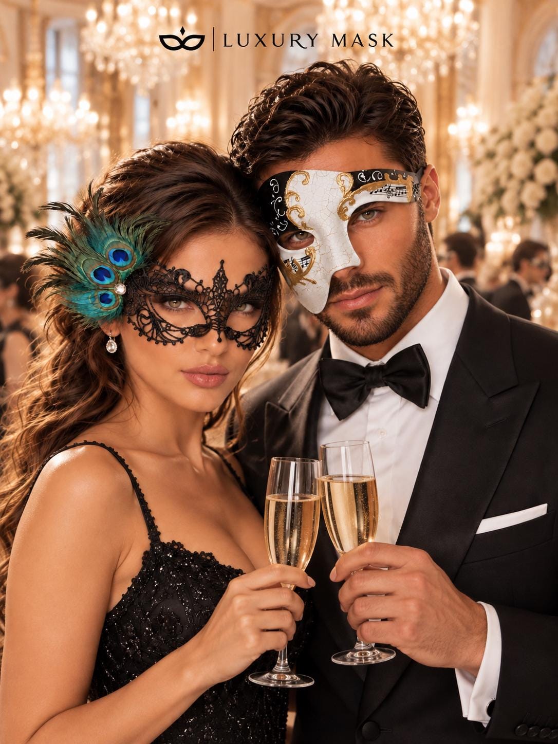 Black Peacock Feather Lace Mask & Black Gold Phantom Men’s Mask | Dramatic Venetian Masquerade Masks for Couples - product image 4
