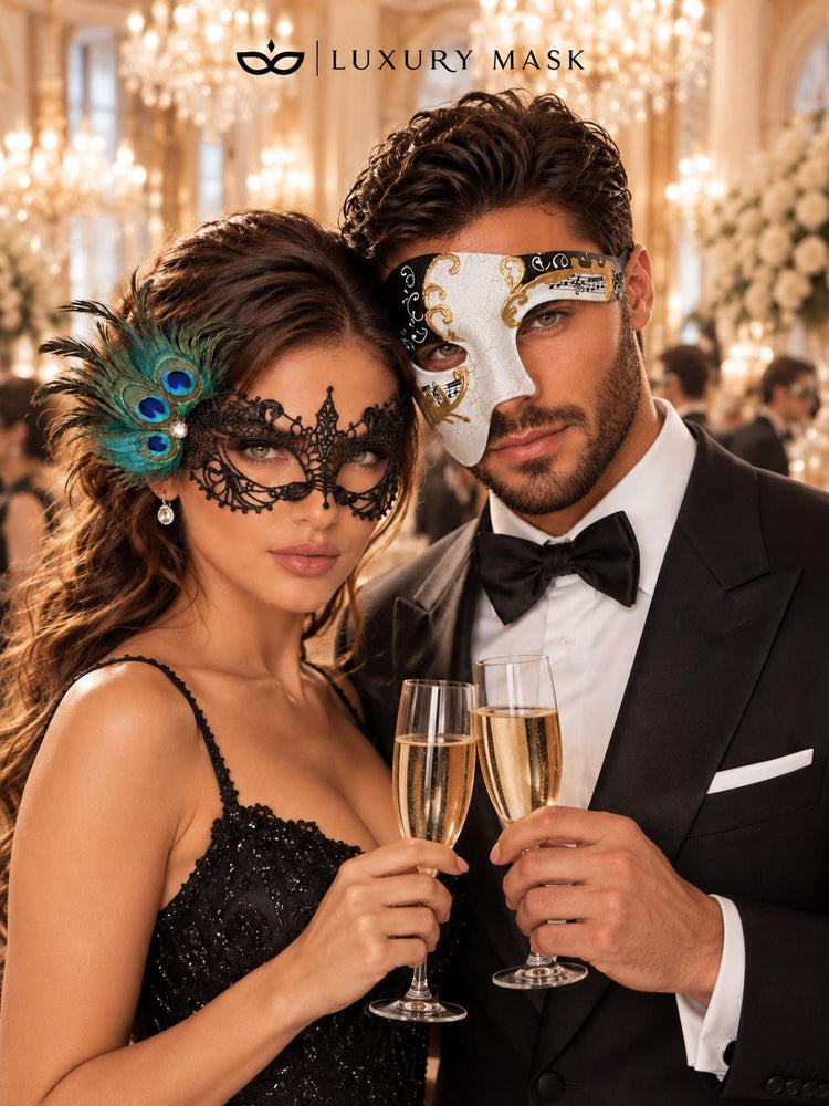 Black Peacock Feather Lace Mask & Black Gold Phantom Men’s Mask | Dramatic Venetian Masquerade Masks for Couples - product image 4