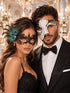 Black Peacock Feather Lace Mask & Black Gold Phantom Men’s Mask | Dramatic Venetian Masquerade Masks for Couples - product image 1